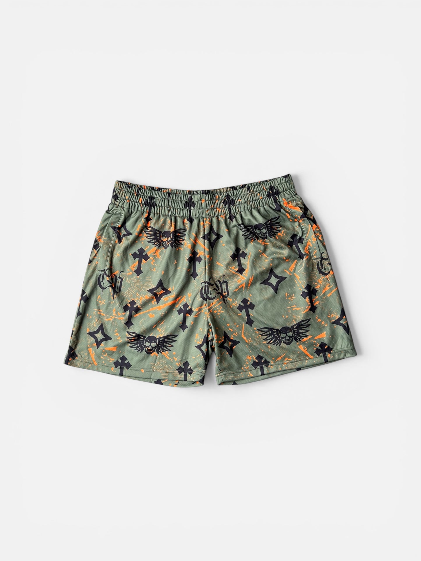 Bleak Midwinter shorts- Green/ Orange paint