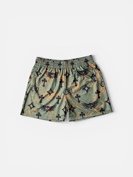 Bleak Midwinter shorts- Green/ Orange paint