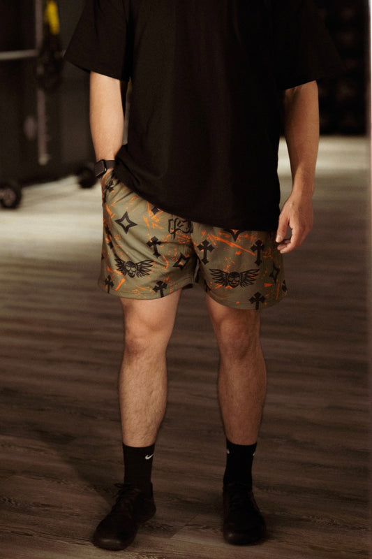 Bleak Midwinter shorts- Green/ Orange paint
